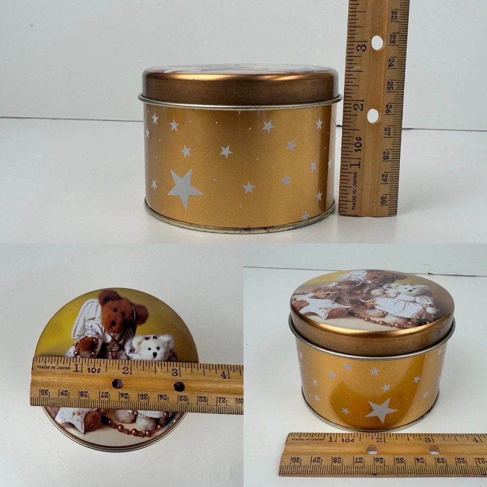 Vtg Boyds Bears Small Gold Round Tin w‎ Stars Christmas Peppermint Candles READ